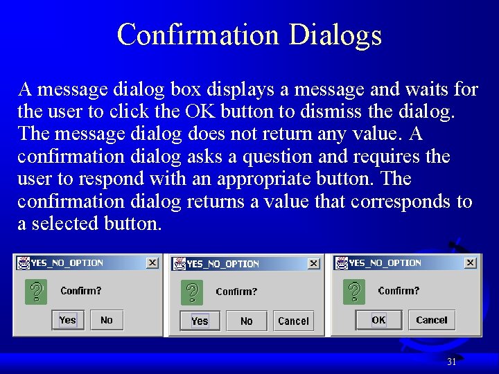 Confirmation Dialogs A message dialog box displays a message and waits for the user