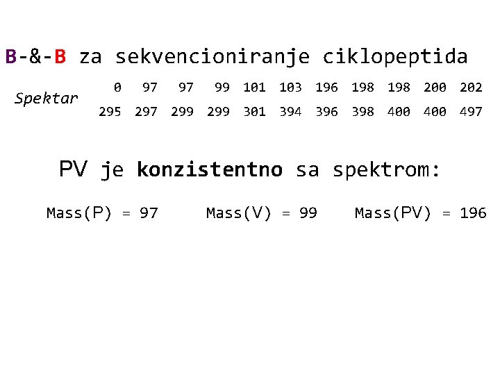 B-&-B za sekvencioniranje ciklopeptida Spektar 0 97 97 99 101 103 196 198 200