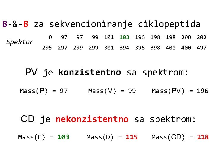 B-&-B za sekvencioniranje ciklopeptida Spektar 0 97 97 99 101 103 196 198 200