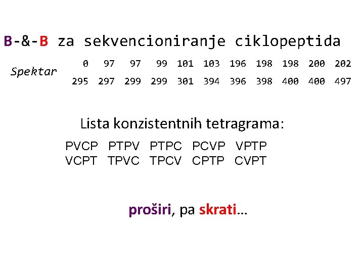 B-&-B za sekvencioniranje ciklopeptida Spektar 0 97 97 99 101 103 196 198 200