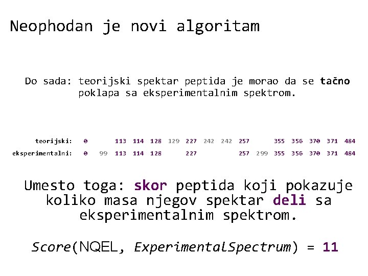 Neophodan je novi algoritam Do sada: teorijski spektar peptida je morao da se tačno