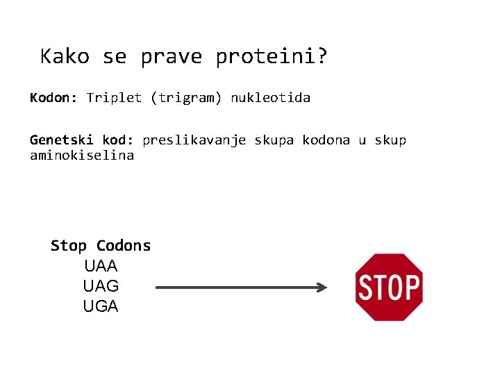 Kako se prave proteini? Kodon: Triplet (trigram) nukleotida Genetski kod: preslikavanje skupa kodona u