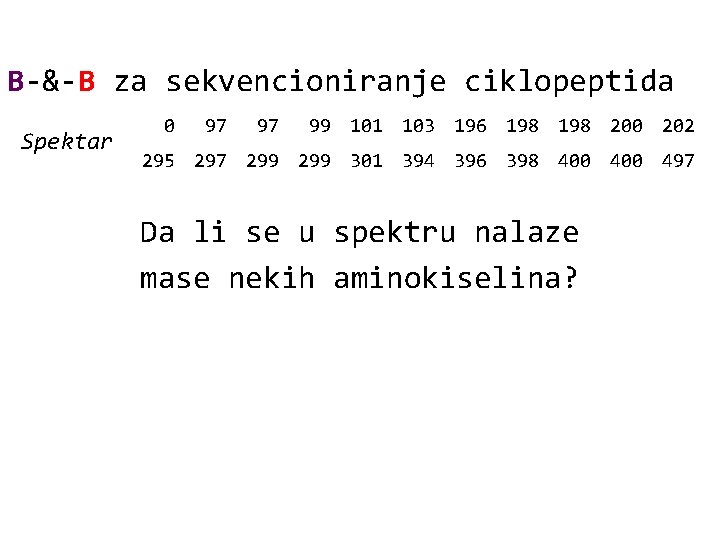 B-&-B za sekvencioniranje ciklopeptida Spektar 0 97 97 99 101 103 196 198 200