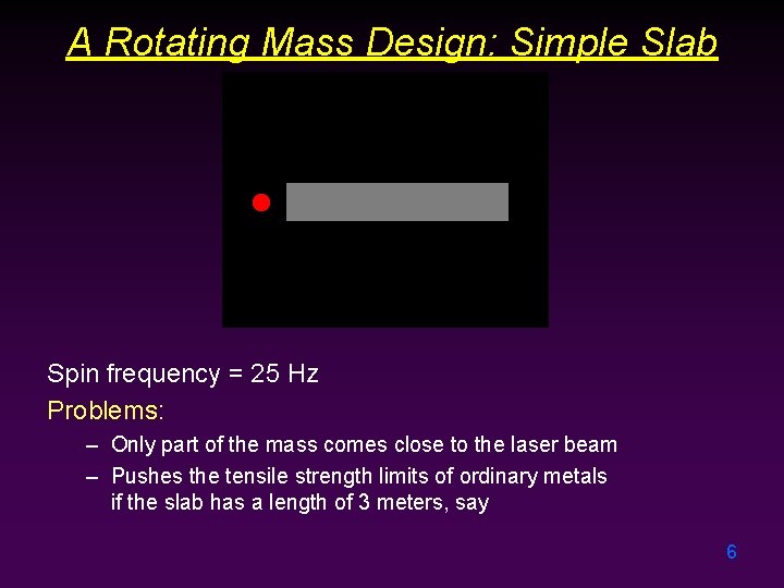 A Rotating Mass Design: Simple Slab Spin frequency = 25 Hz Problems: – Only