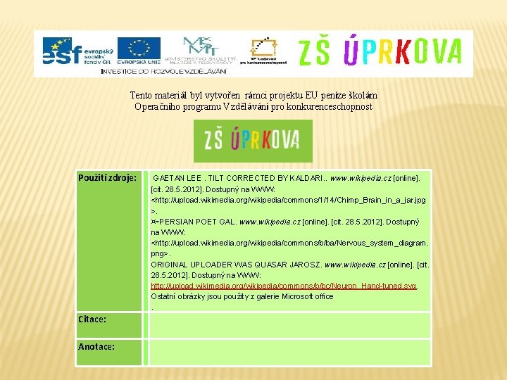 Tento materiál byl vytvořen rámci projektu EU peníze školám Operačního programu Vzdělávání pro konkurenceschopnost