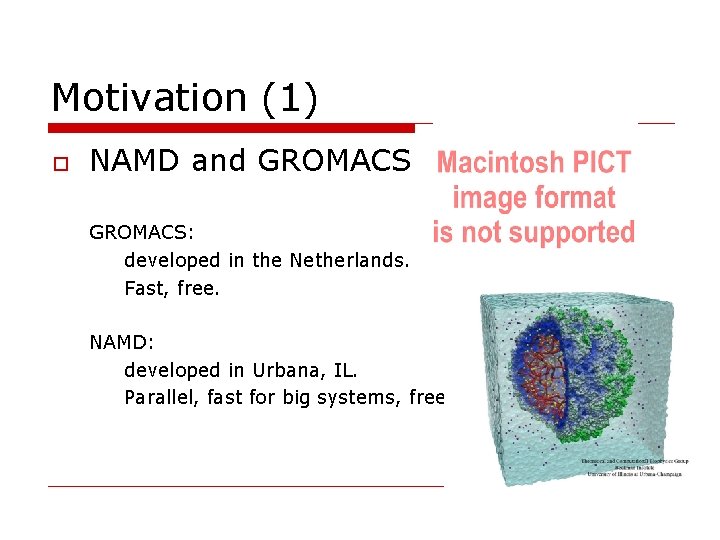 Motivation (1) o NAMD and GROMACS: developed in the Netherlands. Fast, free. NAMD: developed