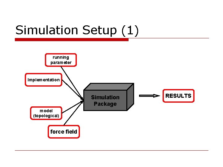 Simulation Setup (1) running parameter Implementation Simulation Package model (topological) force field RESULTS 