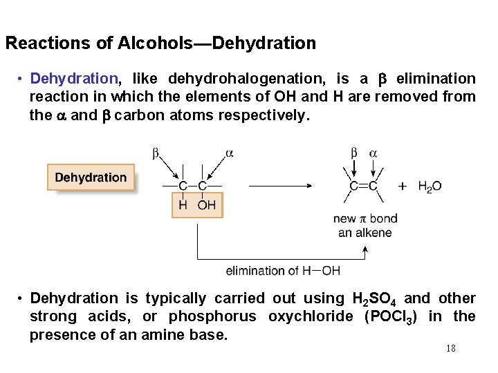 Reactions of Alcohols—Dehydration • Dehydration, like dehydrohalogenation, is a elimination reaction in which the