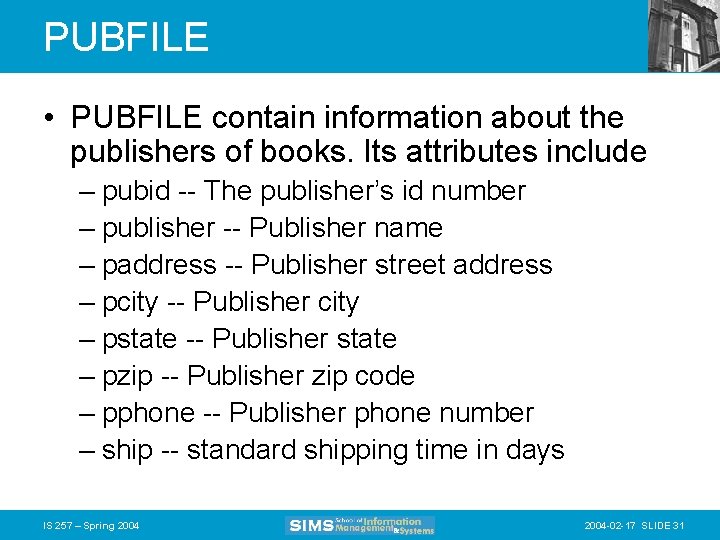 PUBFILE • PUBFILE contain information about the publishers of books. Its attributes include –