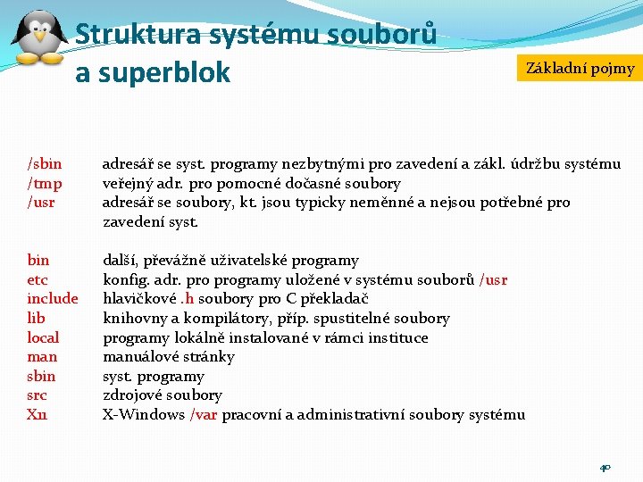 Struktura systému souborů a superblok Základní pojmy /sbin adresář se syst. programy nezbytnými pro