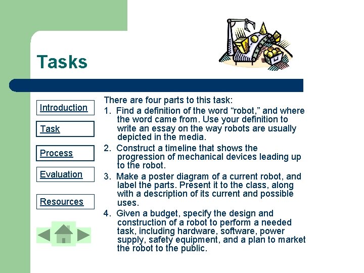 Tasks Introduction Task Process Evaluation Resources There are four parts to this task: 1.