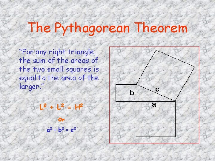 The Pythagorean Theorem “For any right triangle, the sum of the areas of the