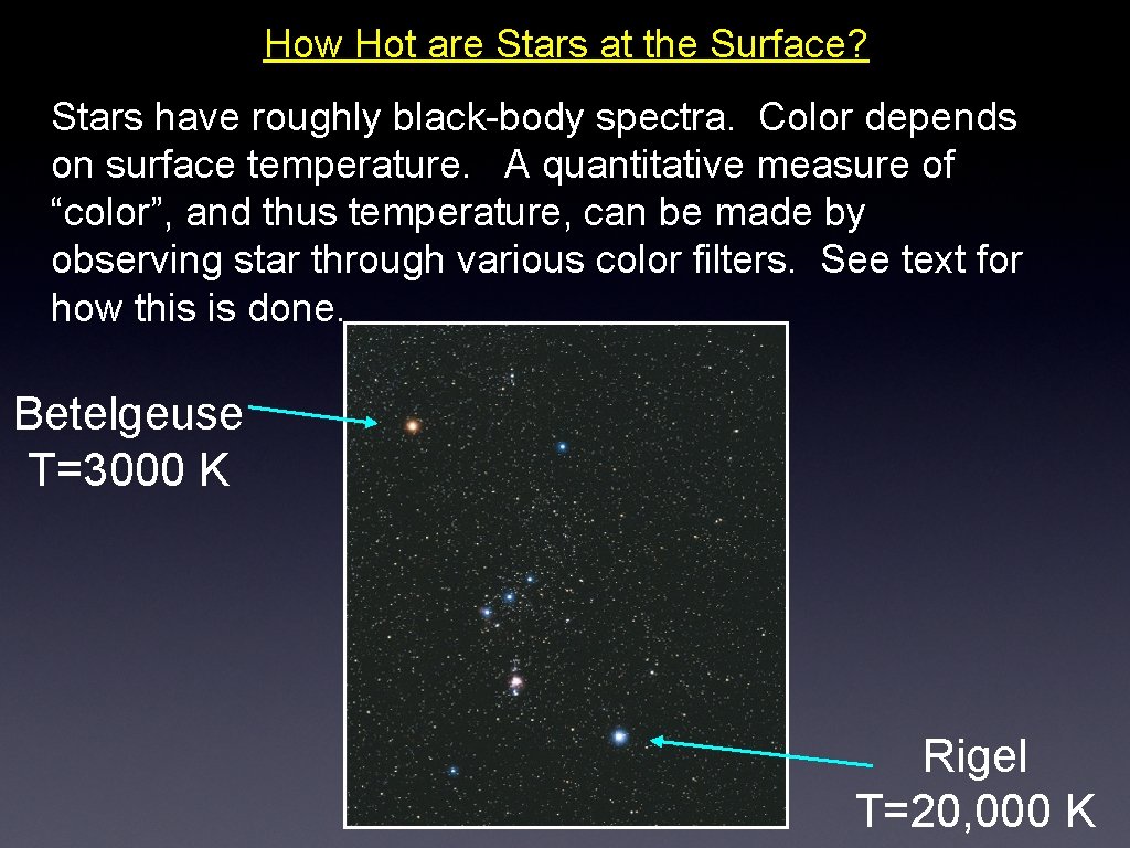 How Hot are Stars at the Surface? Stars have roughly black-body spectra. Color depends