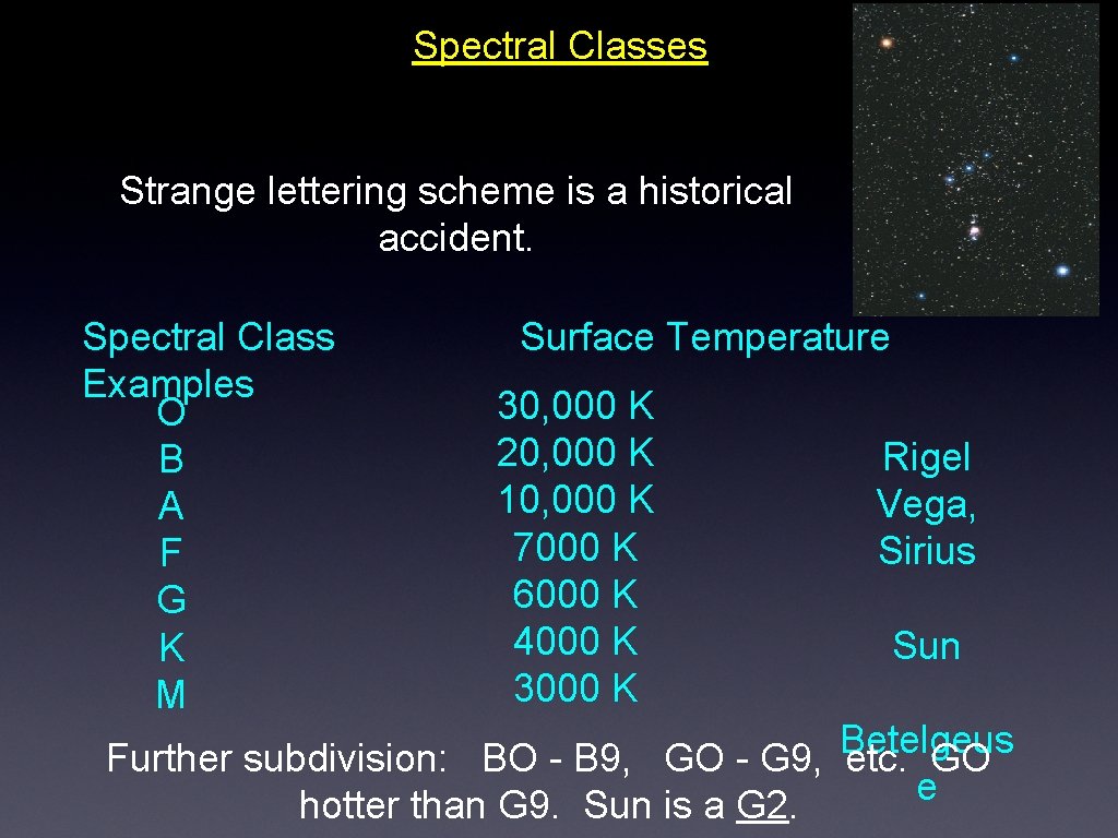 Spectral Classes Strange lettering scheme is a historical accident. Spectral Class Examples O B