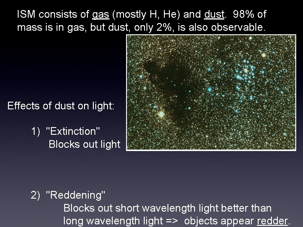 ISM consists of gas (mostly H, He) and dust. 98% of mass is in