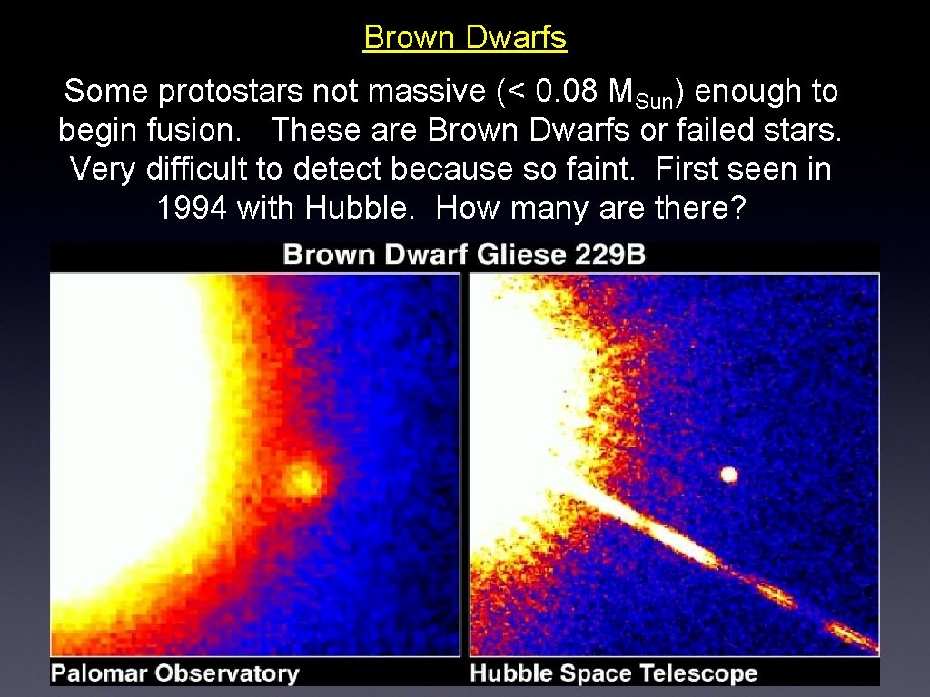 Brown Dwarfs Some protostars not massive (< 0. 08 MSun) enough to begin fusion.