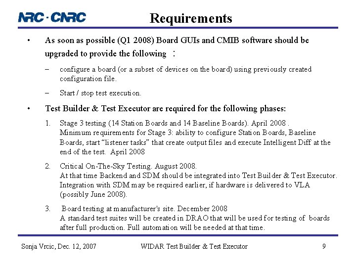 Requirements • As soon as possible (Q 1 2008) Board GUIs and CMIB software