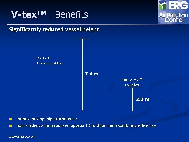 V-tex. TM | Benefits Significantly reduced vessel height Packed tower scrubber 7. 4 m