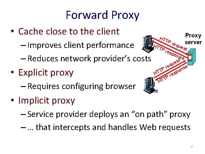 Forward Proxy • Cache close to the client HT TP Proxy server – Improves