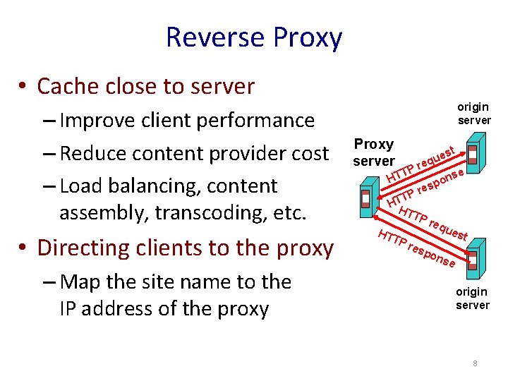 Reverse Proxy • Cache close to server – Improve client performance – Reduce content