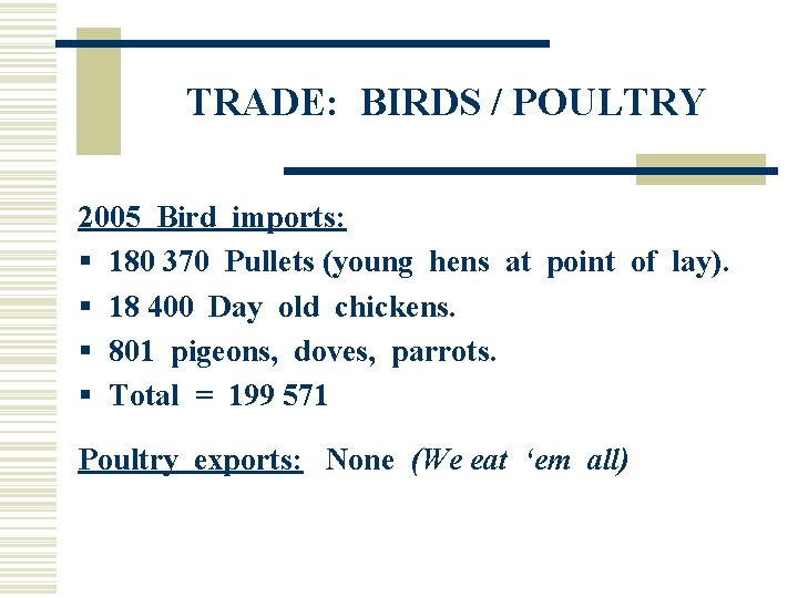 TRADE: BIRDS / POULTRY 2005 Bird imports: § 180 370 Pullets (young hens at