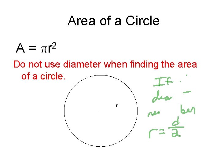 Area of a Circle A= 2 r Do not use diameter when finding the