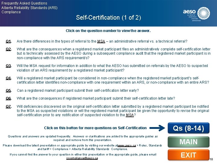 Frequently Asked Questions Alberta Reliability Standards (ARS) Compliance Self-Certification (1 of 2) Click on