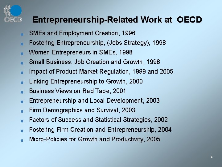 Entrepreneurship-Related Work at OECD n SMEs and Employment Creation, 1996 n Fostering Entrepreneurship, (Jobs