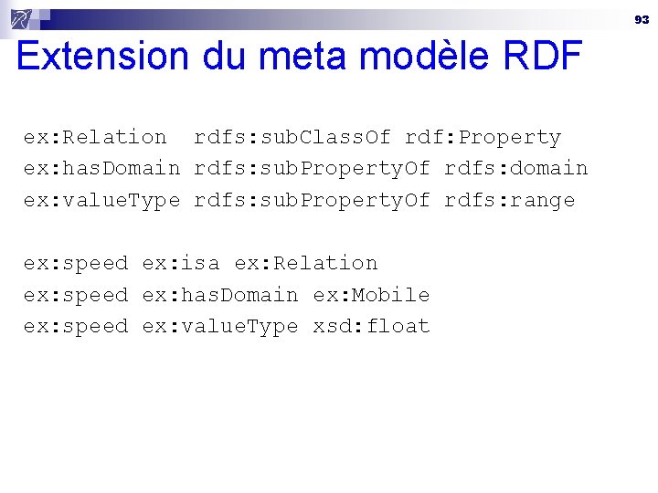 93 Extension du meta modèle RDF ex: Relation rdfs: sub. Class. Of rdf: Property