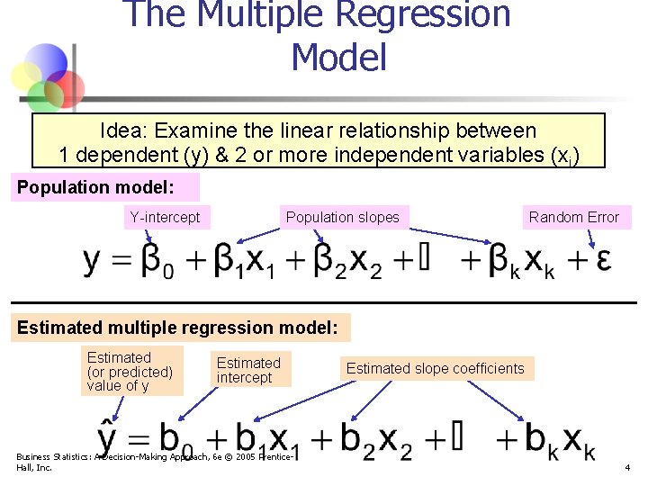 The Multiple Regression Model Idea: Examine the linear relationship between 1 dependent (y) &