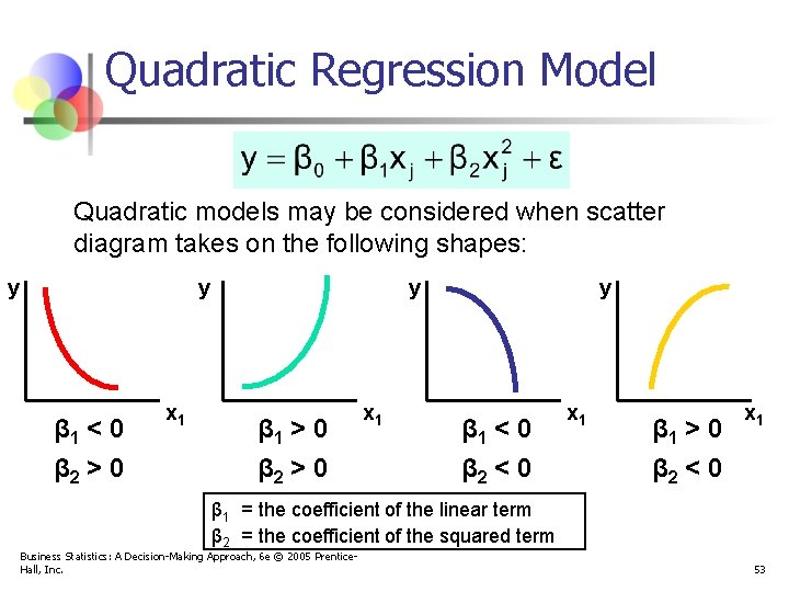 Quadratic Regression Model Quadratic models may be considered when scatter diagram takes on the