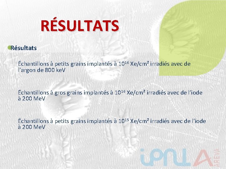 RÉSULTATS Résultats Échantillons à petits grains implantés à 1016 Xe/cm² irradiés avec de l’argon