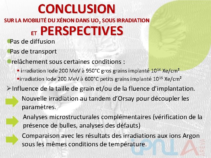 CONCLUSION SUR LA MOBILITÉ DU XÉNON DANS UO 2 SOUS IRRADIATION ET PERSPECTIVES Pas