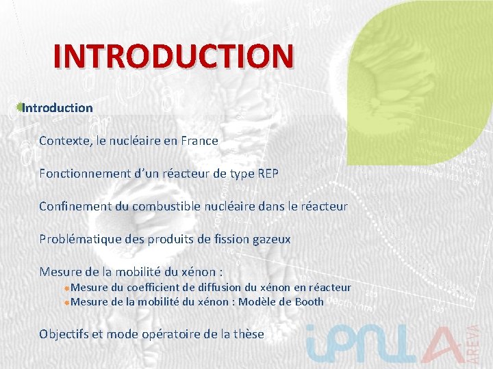 INTRODUCTION Introduction Contexte, le nucléaire en France Fonctionnement d’un réacteur de type REP Confinement