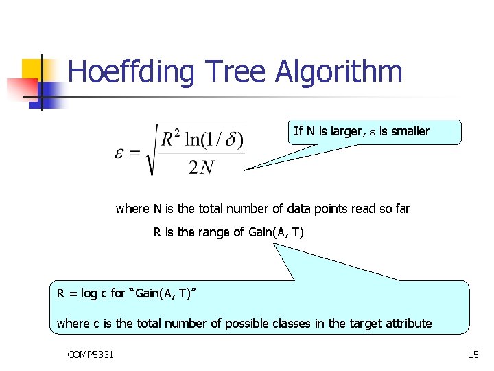 Hoeffding Tree Algorithm If N is larger, is smaller where N is the total