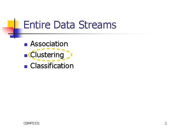 Entire Data Streams n n n Association Clustering Classification COMP 5331 2 