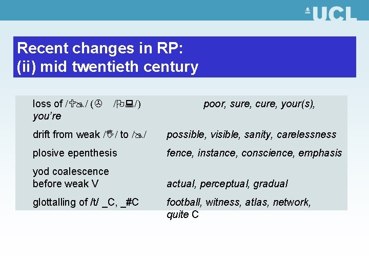 Recent changes in RP: (ii) mid twentieth century loss of /U@/ (> you’re /O: