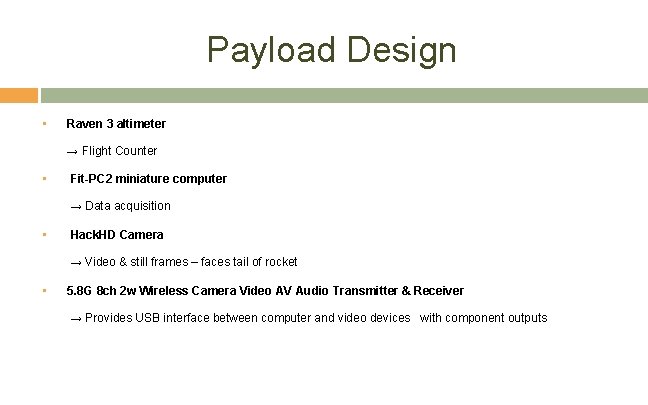 Payload Design • Raven 3 altimeter → Flight Counter • Fit-PC 2 miniature computer