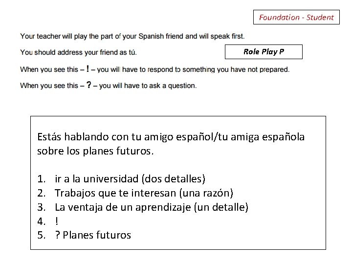 Foundation - Student Role Play P Estás hablando con tu amigo español/tu amiga española