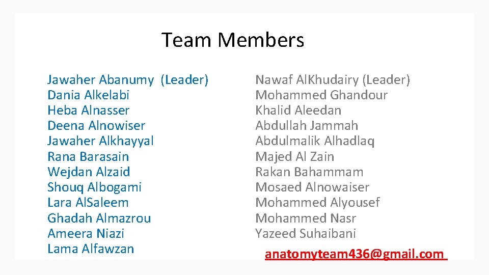 Team Members Jawaher Abanumy (Leader) Dania Alkelabi Heba Alnasser Deena Alnowiser Jawaher Alkhayyal Rana