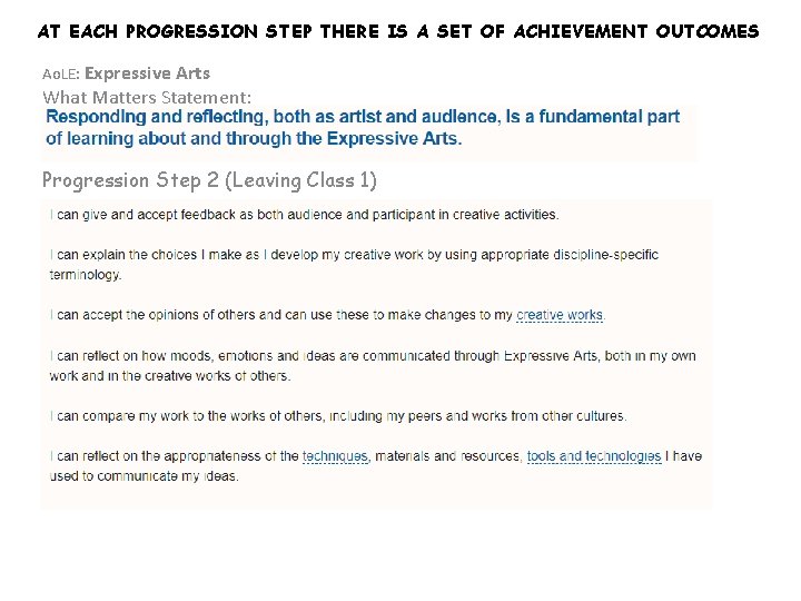 AT EACH PROGRESSION STEP THERE IS A SET OF ACHIEVEMENT OUTCOMES Ao. LE: Expressive