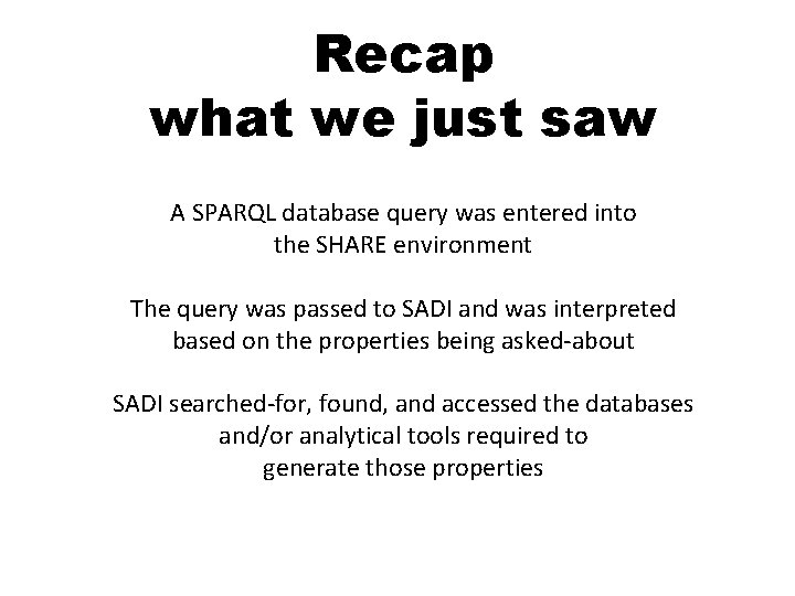Recap what we just saw A SPARQL database query was entered into the SHARE