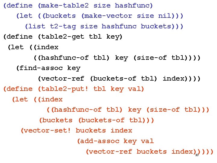 (define (make-table 2 size hashfunc) (let ((buckets (make-vector size nil))) (list t 2 -tag