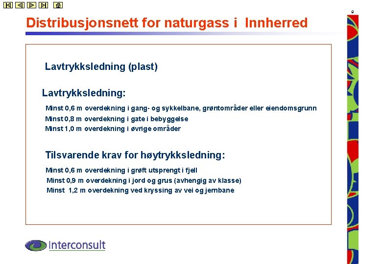 9 Distribusjonsnett for naturgass i Innherred Lavtrykksledning (plast) Lavtrykksledning: Minst 0, 6 m overdekning