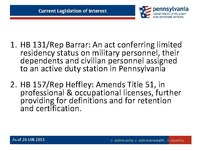 Current Legislation of Interest 1. HB 131/Rep Barrar: An act conferring limited residency status