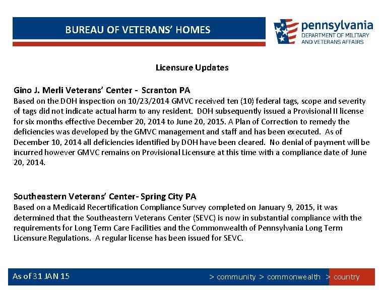 BUREAU OF VETERANS’ HOMES Licensure Updates Gino J. Merli Veterans’ Center - Scranton PA