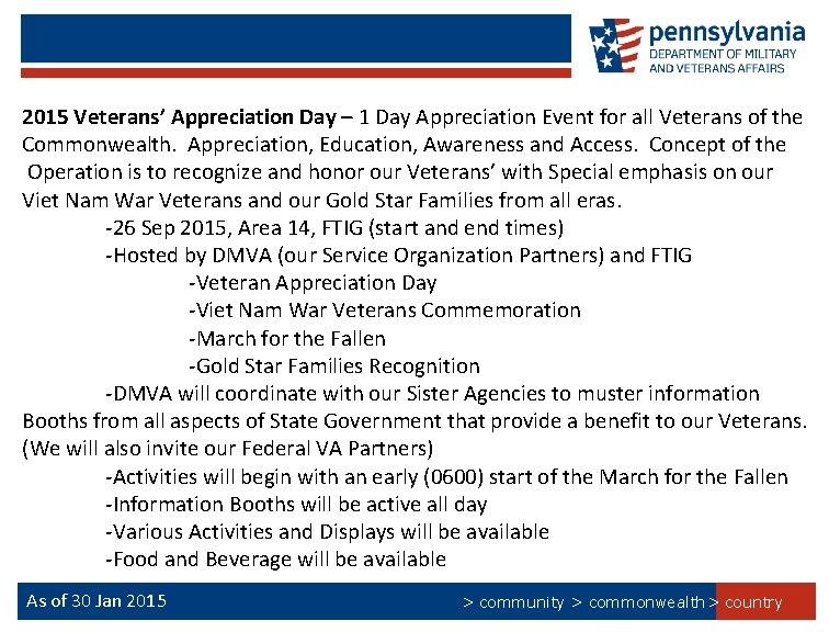 2015 Veterans’ Appreciation Day – 1 Day Appreciation Event for all Veterans of the