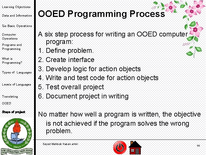 Learning Objectives Data and Information OOED Programming Process Six Basic Operations Computer Operations Programs