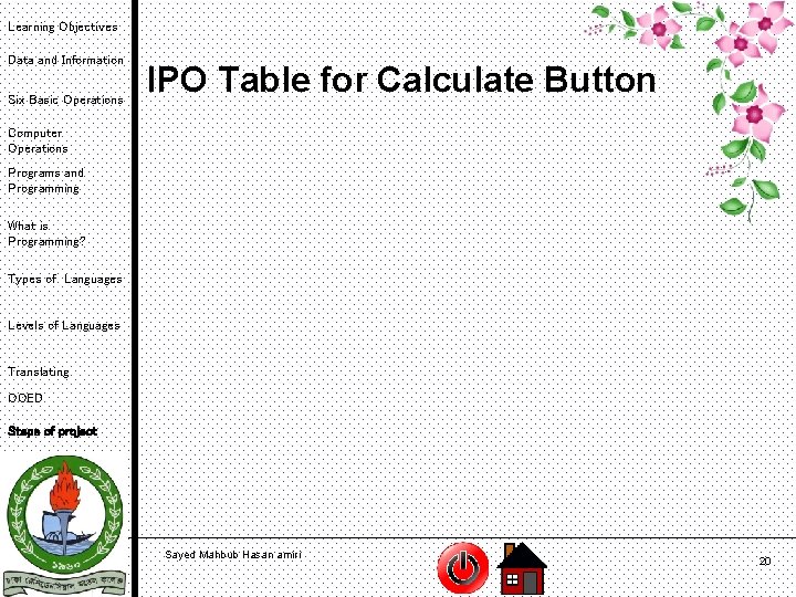 Learning Objectives Data and Information Six Basic Operations IPO Table for Calculate Button Computer