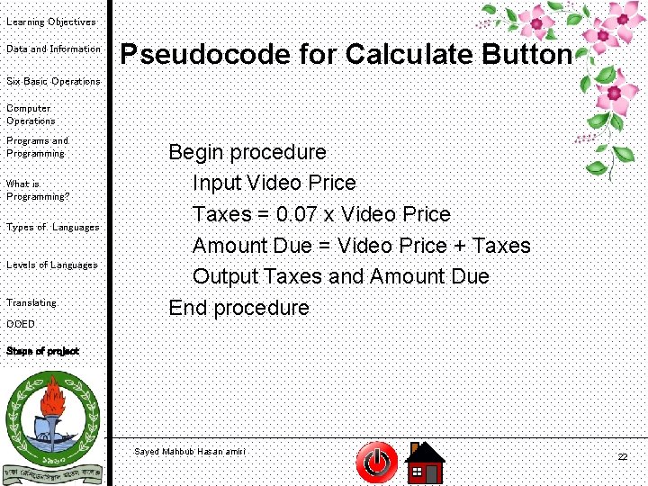 Learning Objectives Data and Information Pseudocode for Calculate Button Six Basic Operations Computer Operations